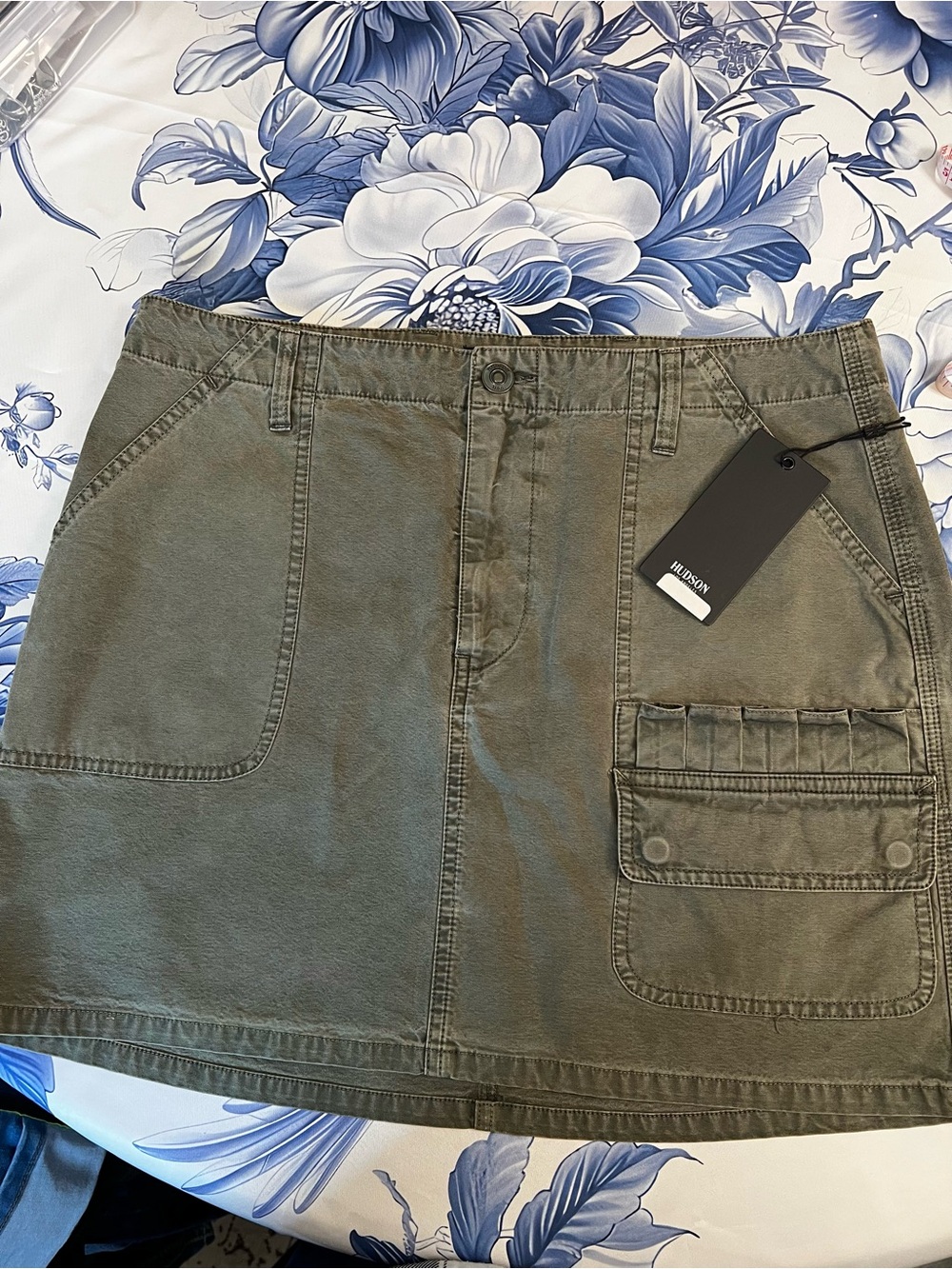 HUDSON Olive Green Canvas Skirt with Branded Metal Button - Picture 4 of 14